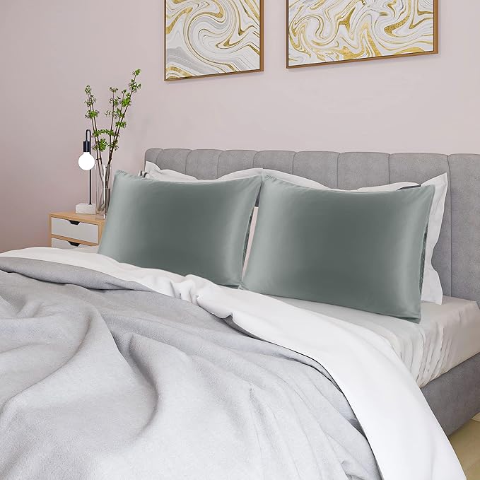 uxcell 2 Pack Silk Satin Pillowcase for Hair and Skin, Cool, Silky, Soft Breathable Pillow Cases Queen Size 20x30 Inch Sateen Pillowcase Grey with Envelope Closure