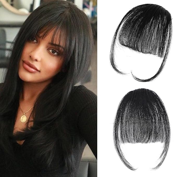 Clip In Bangs-Fake Bangs Hair Clip Natural Black Clip On Bangs Real Human Hair Air Curtain Bangs For Women Clips Wispy Bangs Hair Extensions Fringe With Temples Hairpieces Curved Bangs For Daily Wear