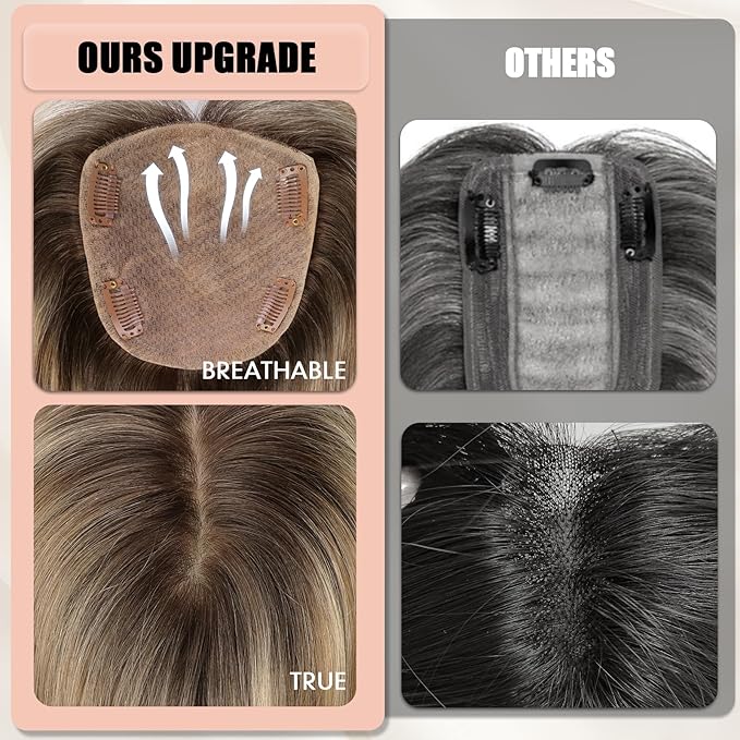 starluck Hair Toppers for Women with Bangs, 5"*5.5"Large Coverage Ombre Light Brown with Blond Highlight 100% Real Human Hair Toppers for Women with ThinningHair,Cover Gray HairRoots