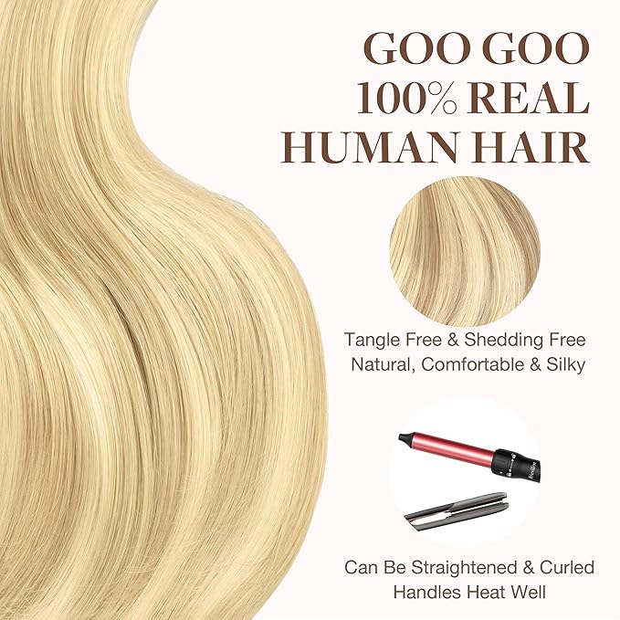 GOO GOO Tape in Hair Extensions Human Hair, 18D/22F Dirty Blonde Highlights, 16inch 100g 40pcs, Skin Weft Seamless Invisible, Silky Straight with Thick Ends, Remy Human Hair