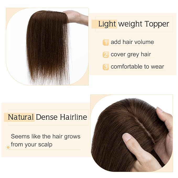 SEGO Human Hair Toppers for Women With Thinning Hair, 7 * 13CM Silk Base 100% Real Human Hair Clip in Top Wiglet Hairpieces -6 Inch No Bangs Medium Brown