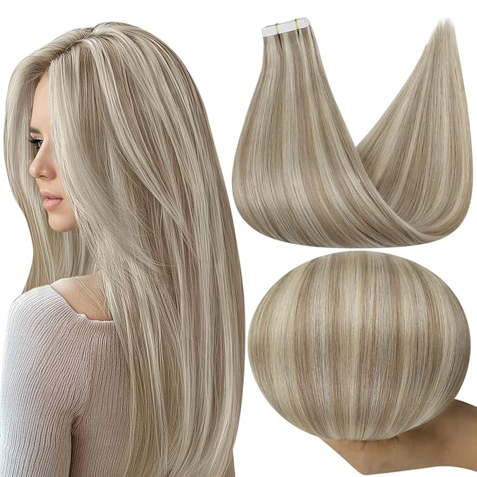 Full Shine Blonde Tape in Hair Extensions Human Hair Color 18 Ash Blonde with 613 Hair Extensions Tape in 22Inch Invisible Skin Weft Tape Extensions 20Pcs 50G for Women Seamless Tape ins Soft Remy