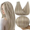 Full Shine Blonde Tape in Hair Extensions Human Hair Color 18 Ash Blonde And 613 Hair Extensions Tape in 16 Inch Straight Invisible Skin Weft 50Gram 20Pcs Seamless Tape ins Extensions for Party