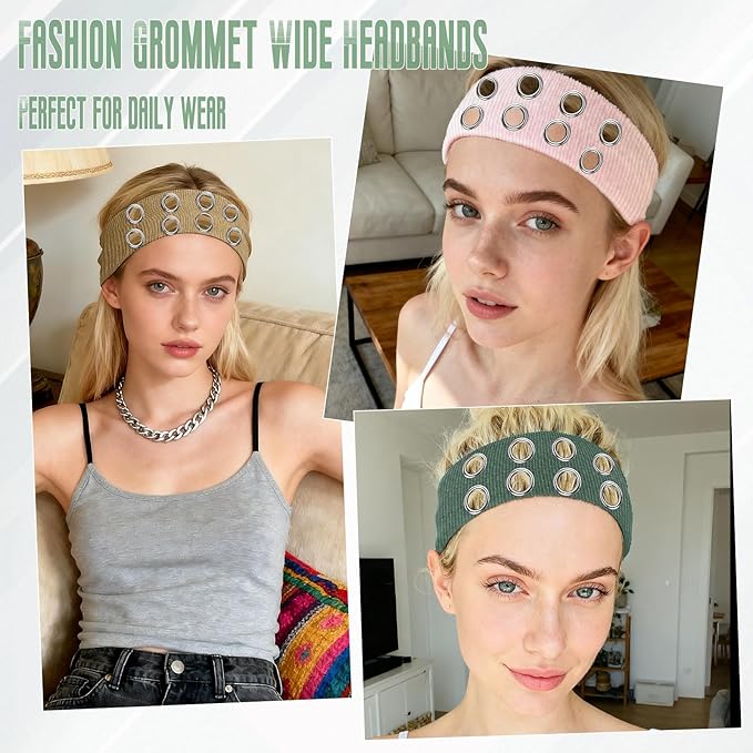 Meifuly Grommet Eyelet Headbands for Women, Hollow Out Eyelets Elastic Fashion Wide Headband, Y2k Girls Punk Grunge Goth Stretchy Hair Accessory (4 Pack)