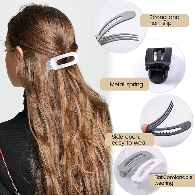 8 Pcs Large Lay Flat Claw Clips for Women French Side Slide Barrettes for Thin Fine Hair Rectangle Alligator Hair Accessories,Matte Black Gray White