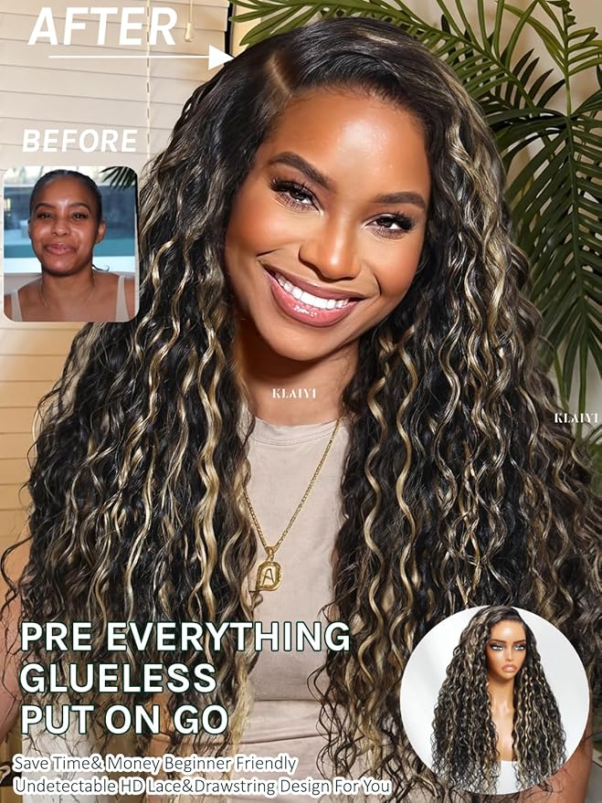 KLAIYI Ombre Highlight Blonde Water Wave Glueless Pre Everything 13x4 Lace Front Wigs Human Hair Drawstring Pre Plucked Pre Bleached Bye Bye Knots Curly Wig with Dark Roots Ready to Wear and Go 16Inch