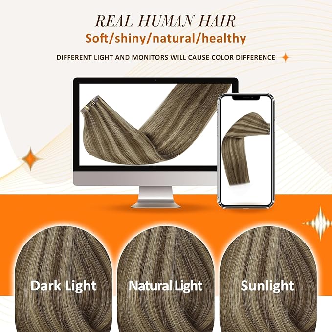 Full Shine Clip in Human Hair Extensions 18 Inch Dark Brown with Caramel Blonde Highlights Seamless Clip ins for Women Remy Natural Hair Thick Ends 8 PCS 120G