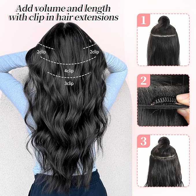 KooKaStyle Clip in Synthetic Highlight Hair Extensions Long Wavy 4PCS Thick Hairpieces Ashy Beige Blonde Balayage Fiber Double Weft Natural Hair Extensions 24 Inch for Women