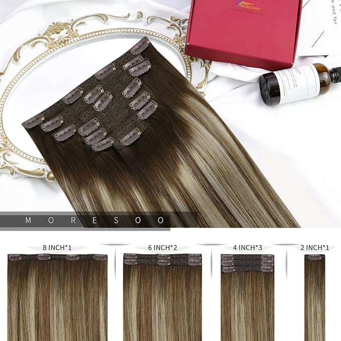 Moresoo Real Hair Extensions Clip in Human Hair Dark Brown to Light Brown Balayage Clip Extensions Medium Blonde Hair Extensions Real Human Hair Clip ins Straight Hair 7 Pcs 120G 20 Inch