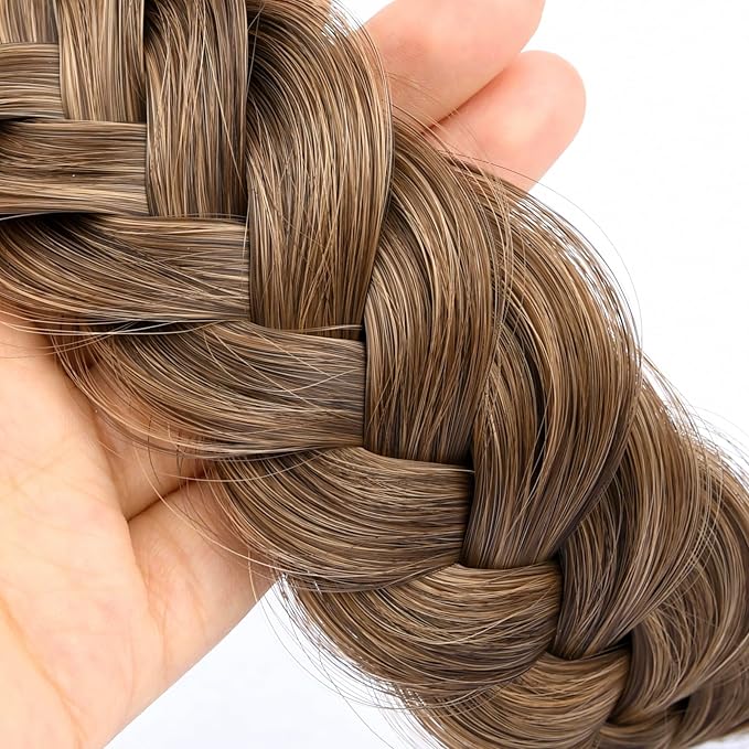 DIGUAN Wide Messy Braided Headband With Teeth Synthetic Hair Plaited Headband High Elasticity Braids Chunky Fishtail Braided Hair Band Hairpiece for Girls Women Beauty Accessory (Claybank)