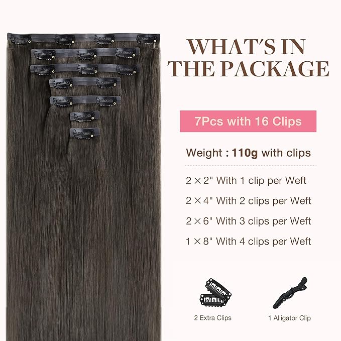 GOO GOO Clip in Hair Extensions Real Human Hair, Remy Human Hair Extensions Clip ins for Women, Natural Human Hair, 24inch 120g 7Pcs, 1C Mocha Brown