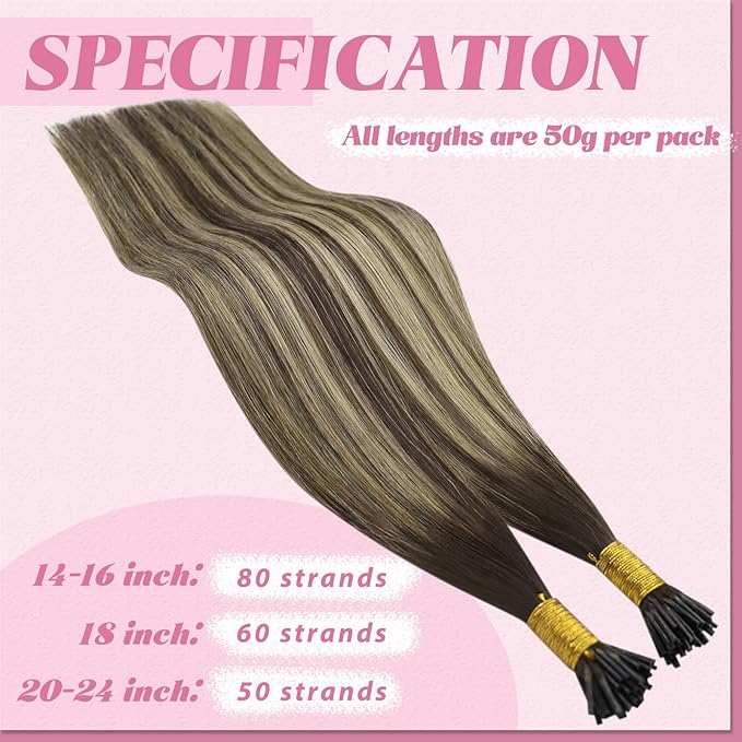YoungSee I Tips Hair Extensions Real Human Hair Balayage Itip Hair Extensions Human Hair Brown Ombre Dark Brown with Ash Blonde I Tip Extension 20In I-Tip Human Hair Extension 50g 50s