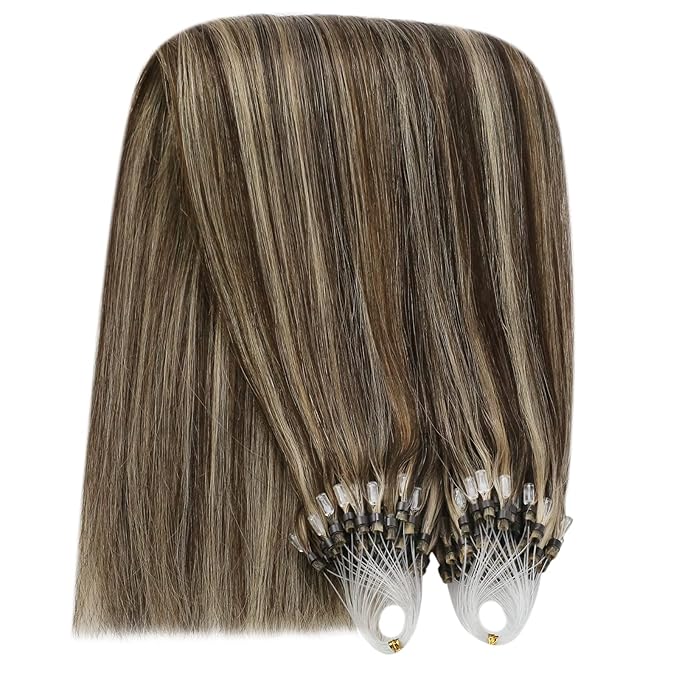YoungSee Microlink Hair Extensions Human Hair Brown Highlight Micro Bead Hair Extensions Real Human Hair Dark Brown Highlight Caramel Blonde Beaded Hair Extension Short Hair Extension 14 Inch 50g 50s