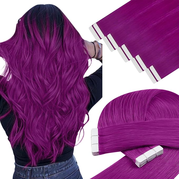 YoungSee Tape in Hair Extensions Real Human Hair Purple Invisible Tape in Human Hair Extension Purple 18 Inch Human Hair Tape in Extensions Colored 10pcs 25g Prom Night