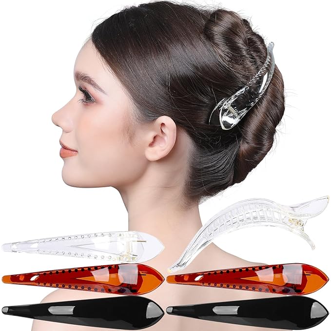 RC ROCHE 6 Pcs Duck Bill Alligator Hair Clips for Women Sectioning Flat Claw Long Thick Hair Inner Teeth Curved Styling Jaw Strong Secure Grip Salon, Medium Black, Brown, Clear