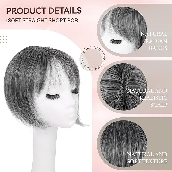 LEEONS Hair Toppers for Women Bob Toppers Hair Pieces for Women with Thinning Hair 360° 3D Cover Short Bob Wig Topper with Clip in Bangs Hair Pieces (Grey Mixed)