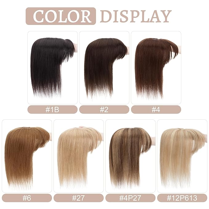 Hair Toppers for Women Real Human Hair With Bangs, 13 * 15 cm Larger Silk Base 150% Density Clip In Topper Hairpieces, Wiglet Top Pieces Add Volume -10 Inch 4P27 Medium Brown&Dark Blonde