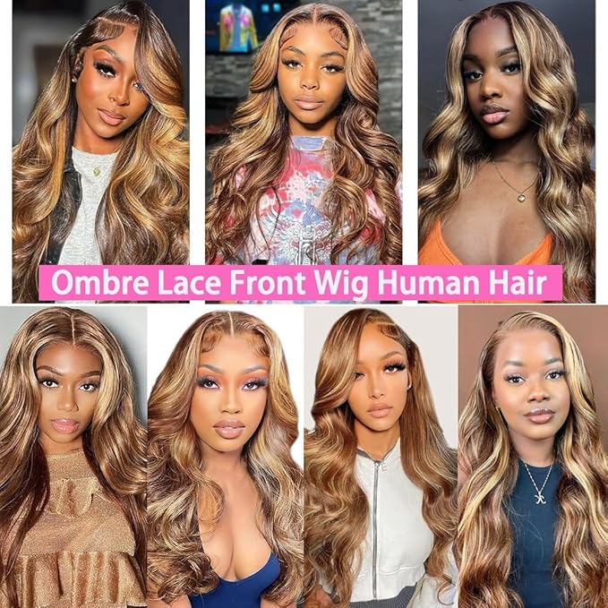 24 Inch 13x6 Lace Front Wigs Human Hair 200 Density P4/27 Highlight Ombre Body Wave HD Lace Front Wigs Human Hair Pre Plucked