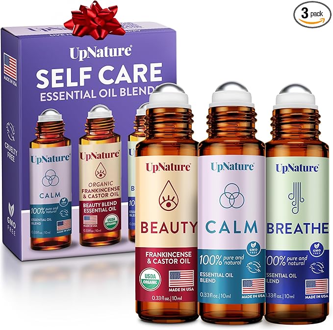 UpNature Self Care Stocking Stuffers for Women Essential Oils Roll On Set - Breathe, Beauty & Calm Oil Roller for Aromatherapy and Relaxation Stress Relief Gifts for Women
