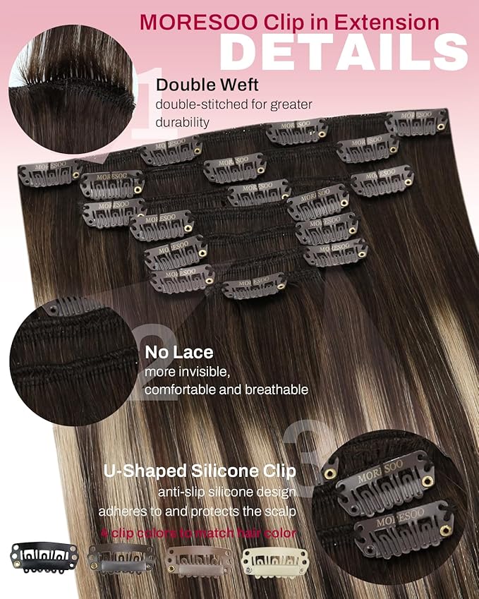 Moresoo Human Hair Clip in Extensions Ombre Dark Brown to Caramel Blonde Hair Extensions Real Human Hair Clip ins Brown to Blonde Balayage for Women Long 120g/7pcs 24 inch