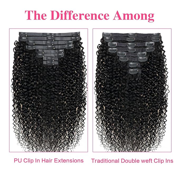 Seamless Kinky Curly Clip in Hair Extensions Real Human hair For Women Brazilian Virgin 3c 4a Curly Clip ins Human Hair Extensions (20inch,#1B)