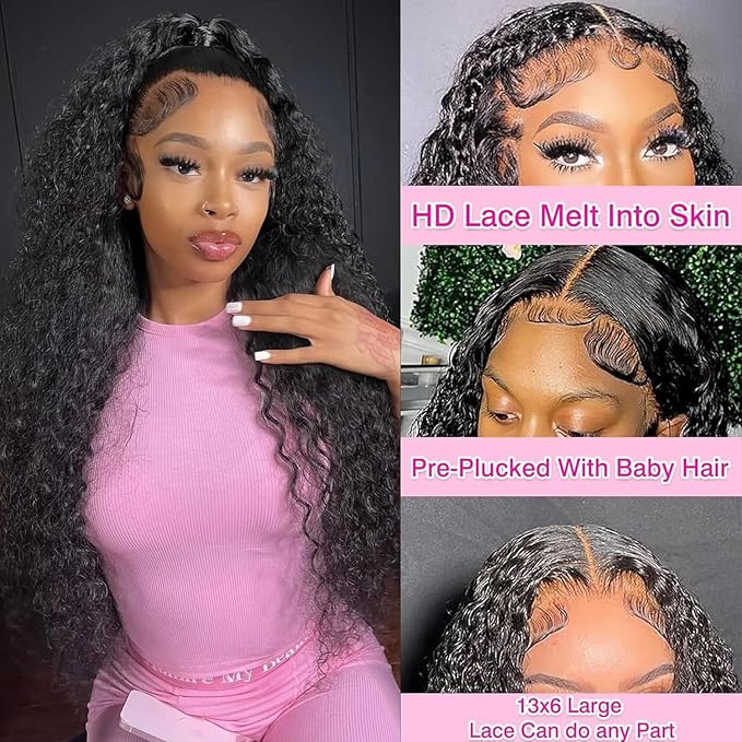 BVLBVL 38 Inch 13x6 Deep Wave Lace Front Wigs Human Hair 180 Density HD Lace Frontal Wig Pre Plucked Wet and Wavy, Real Human Hair No Synthetic Blend No Tangle No Shedding Triple Lifespan 3X