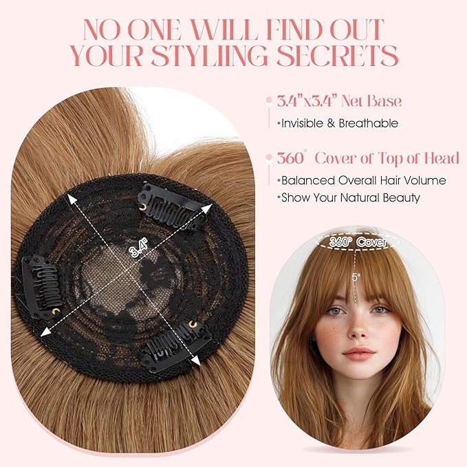 Hairro Mono Hair Toppers with Bangs, 3.4" x 3.4" Mono Base 100% Real Human Hairpieces for Women, 150% Density Clips In Topper for Greyish Thinning Hair, 20 Inch Blondish Brown
