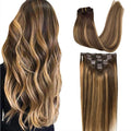 GOO GOO Clip in Hair Extensions Real Human Hair, Remy Human Hair Extensions Clip ins for Women, Natural Human Hair, 26inch 180g 7Pcs, #4/27/4 Balayage Chocolate Brown to Caramel Blonde