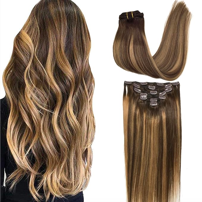 GOO GOO Clip in Hair Extensions Real Human Hair, Remy Human Hair Extensions Clip ins for Women, Natural Human Hair, 20inch 160g 7Pcs, #4/27/4 Balayage Chocolate Brown to Caramel Blonde