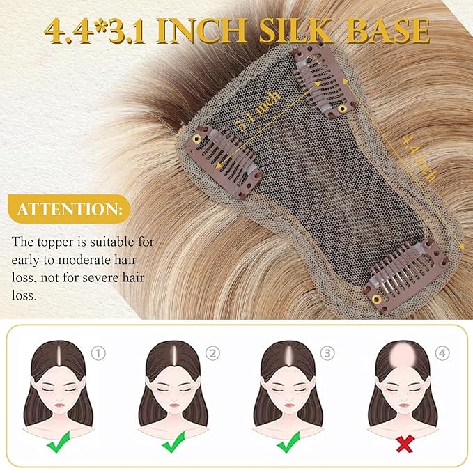 Hair Toppers for Women Real Human Hair Toppers for Women with Thinning Hairs Clip in Bangs 10 inch Swiss Base Hairpieces Loss Cover(Medium Brown to Creamy Iced Blone)#4T1016