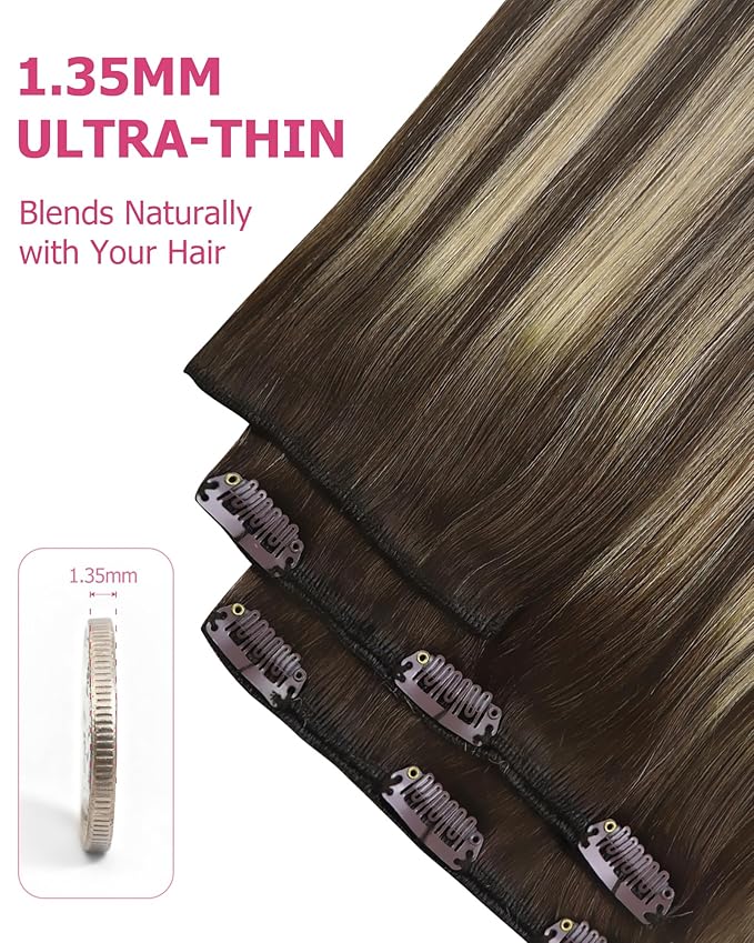 YoungSee 150G Clip in Hair Extensions Real Human Hair Brown Balayage Clip in Human Hair Extensions Chocolate Brown with Ash Blonde Balayage Clip ins Real Hair Extension Easy to Install 22inch 7pcs