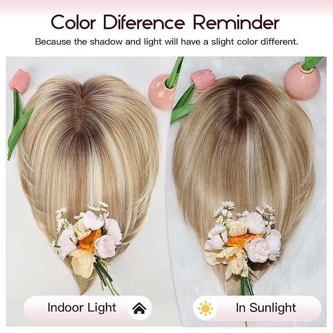 EMMOR Human Hair Toppers for Women Short Bob Real Hair with Bangs 10" Side Part Hairpieces for Women with Thin Hair 6.5" × 6.5" Larger Base Human Wig Toppers(Ombre Blonde & Brown Highlight)