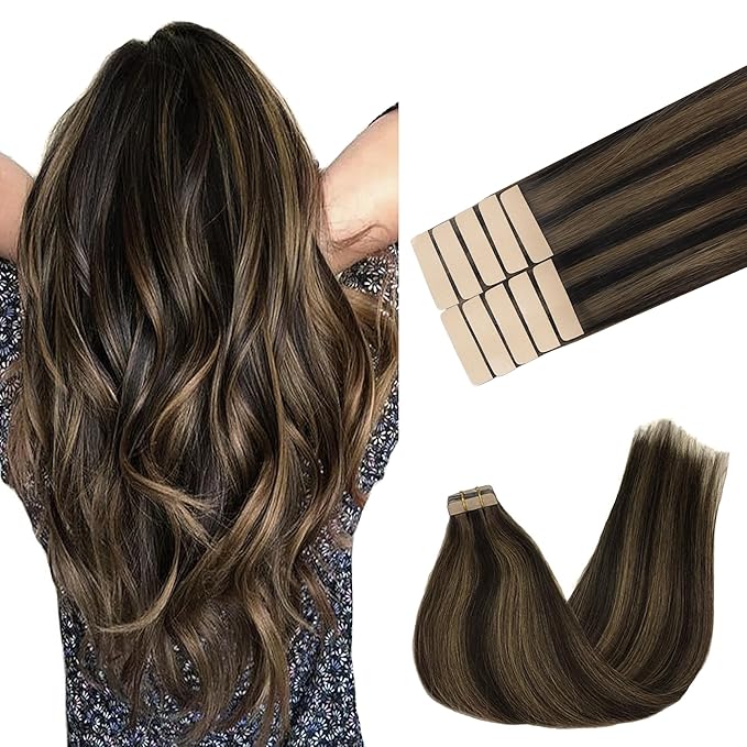GOO GOO Tape in Hair Extensions Human Hair, 2/6 Dark Brown Highlighted Chestnut Brown, 20inch 30g 10pcs, Skin Weft Seamless Invisible, Silky Straight with Thick Ends, Remy Human Hair