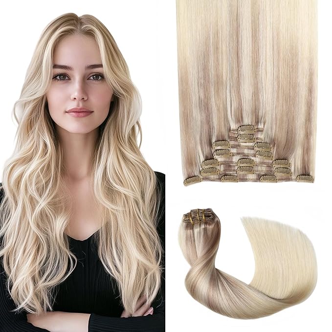 Pro2.0 Real Human Hair Extensions Clip ins 120g Thick 7pcs #18/22/60 Balayage Ash Blonde to Golden Blonde and Platinum Blonde Clip in Hair Extensions Real Human Hair 16inch（#18/22/60-16inch）