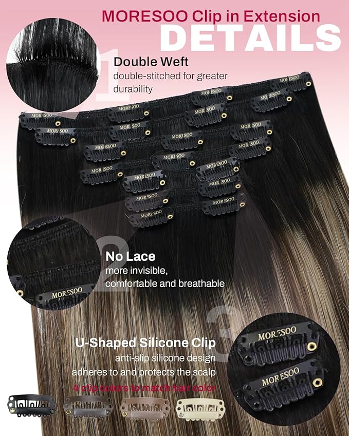 Moresoo Black And Blonde Clip in Hair Extensions Real Human Hair Ombre Human Hair Clip in Extensions 24 inch Balayage Natural Black to Dark Brown with Dark Golden Blonde 150g/7pcs 24in
