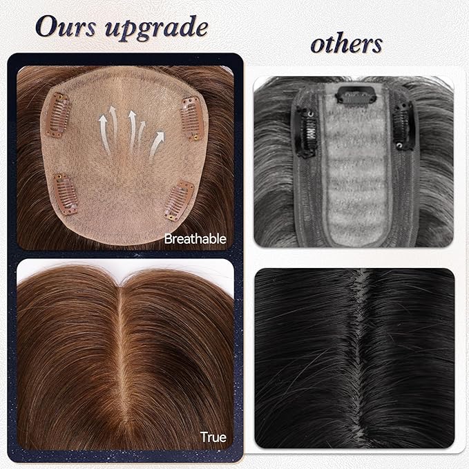starluck Hair Toppers with Bangs for Women, 5 * 5.5" Large Base, Brown Real Human Toppers for Thinning Hair and Gray Root Coverage