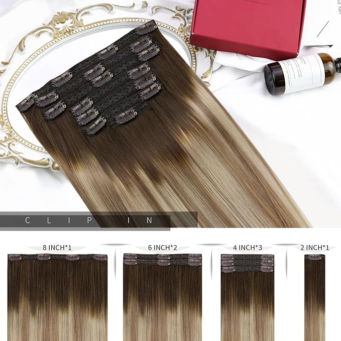 Moresoo Hair Extensions Clip in Human Hair Balayage Double Weft Clip in Hair Extensions Human Hair Ombre Brown to Light Brown with Blonde 7Pieces 120Grams 16inch