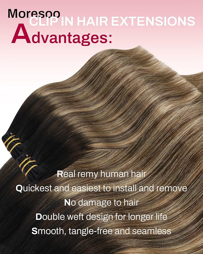Moresoo Seamless Clip in Hair Extensions Human Hair Black to Brown with Blonde Ombre Hair Extensions Clip ins Long Natural Black to Brown with Honey Blonde Remy Straight Pu Weft 120g/7pcs 22 inch