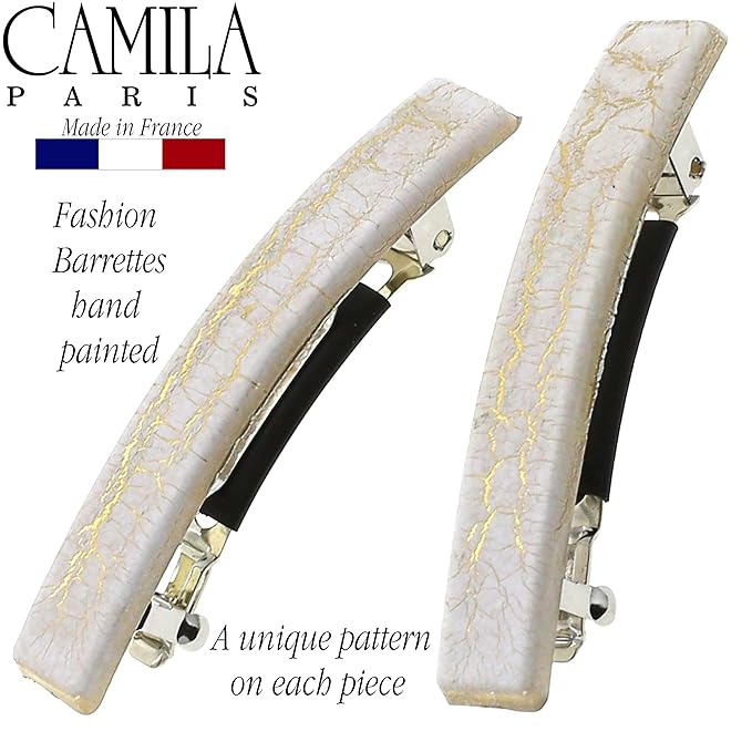 Camila Paris CP3029 French Hair Barrette Clip for Girls, Set of 2 White Rubberized Metal Clasp Strong Hold Grip Hair Clips for Women, No Slip Durable Styling Girls Hair Accessories, Made in France