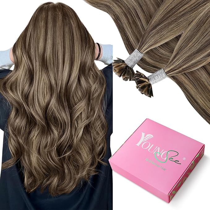 YoungSee Utip Hair Extensions Human Hair Highlight U Tip Hair Extensions Human Hair Brown with Blonde Ktip Hair Extension Real Hair Brown U-Tips Hair Extension 18In 1G/S 50G