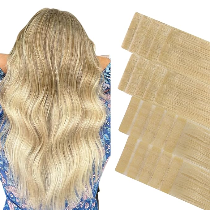 GOO GOO Invisi Edge Tape in Hair Extensions Human Hair, 18AT60A Pearl Ash Blonde Highlights 10pcs injected with 10pcs classical tape ins, 10inch 30g, Virgin Remy Hair, Natural Look
