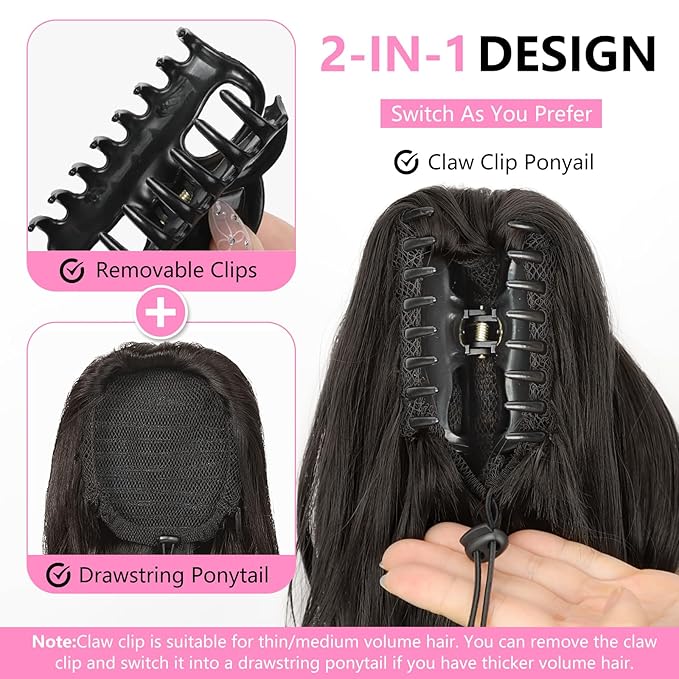 ALXNAN Ponytail Extension,24 Inch Claw Clip in Long Curly Wavy Black Brown Ponytail Hair Extension Jaw Clip on Pony Tails Hairpiece for Women