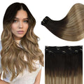 Full Shine Real Hair Clip in Extensions 20 Inch Clip in Hair Extensions Balayage Black Ombre to Blonde Mix Brown Remy Soft Hair Lace Weft Long Straight Hair 3 PCS 60 Grams