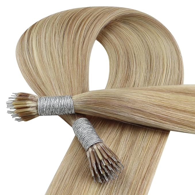 YoungSee Nano Hair Extensions Highlight Ash Brown with Golden Blonde Nano Bead Hair Extensions Human Hair for Women Cold Fusion Nano Tips Human Hair Extension Blonde Short Hair 14inch 50grams/pack
