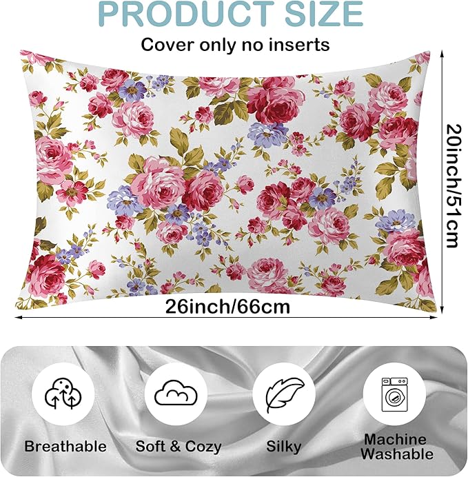 Satin Pillowcase 1 Pack-Rose Flower Floral Silky Pillow Cover for Hair and Skin,Standard Size 20x26 Inch Soft Cooling Printed Pillow Cases with Hidden Zipper,Gifts for Women Men