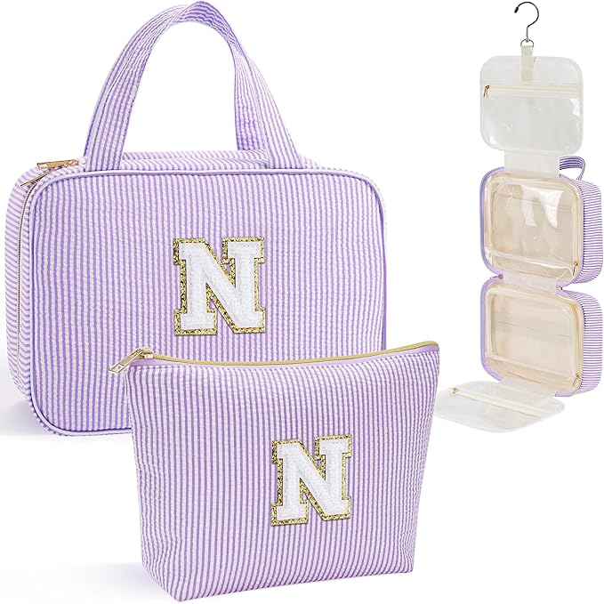 YOOLIFE Hanging Toiletry Bag for Women - Large Travel Toiletry Bag Makeup Bag, Portable Toiletries Cosmetic Bag, Airplane Travel Essentials - Letter N, Purple