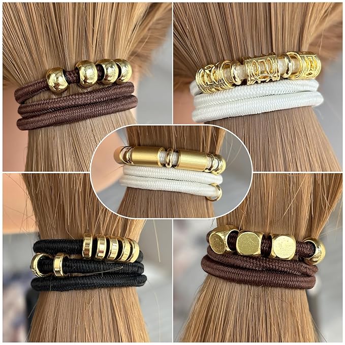 Black Bracelet Hair Ties for Women,5 Pack Cute 3mm Thick Elastic Ponytail Holders Accessories No Damage Stretchy Beaded Pony Tails Hair Tie with Gold Metal Charms Beads