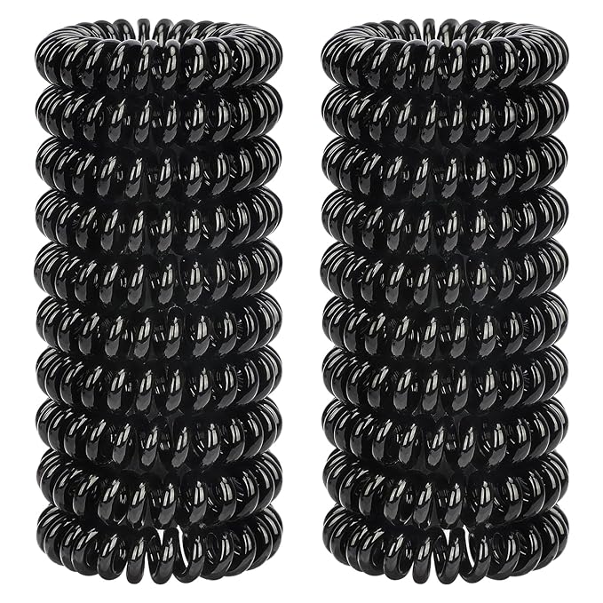 JessLab Spiral Hair Ties, 20 Pcs Traceless Phone Cord Hair Ties No Crease Spiral Bracelet Plastic Coil Ponytail Holders No-Damage Headband Hair Accessory for Girls Women Ladies Gift, Black
