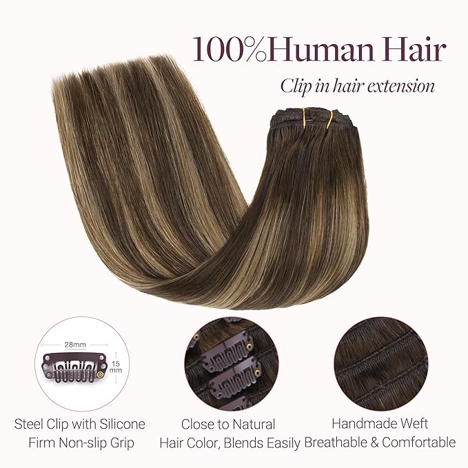 GOO GOO Clip in Hair Extensions Real Human Hair, Remy Human Hair Extensions Clip ins for Women, Natural Human Hair, 14inch 120g 7Pcs, 4/27/4 Balayage Chocolate Brown to Caramel Blonde