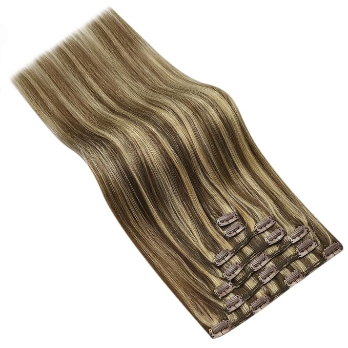 Ve Sunny Clip in Human Hair Extensions Highlights Brown Clip in Hair Extensions Real Human Hair Highlights Dark Brown with Caramel Blonde Natural Look Hair Extensions for Women 120g 18inch 7pcs